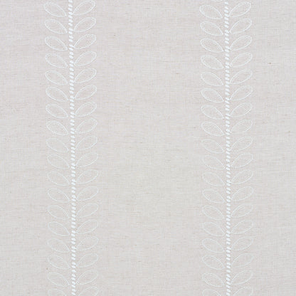 Beige linen fabric with white embroidered vertical vine and leaf motif pattern.