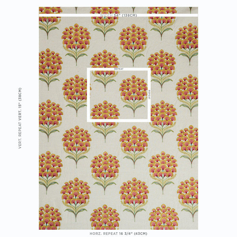 Floral wallpaper: repeating pink pom-pom bouquets with green stems on a beige backdrop; vintage botanical pattern