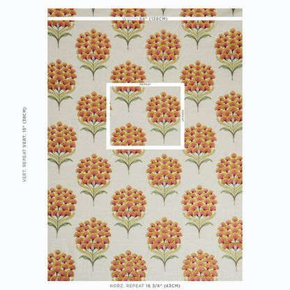 Floral wallpaper: repeating pink pom-pom bouquets with green stems on a beige backdrop; vintage botanical pattern