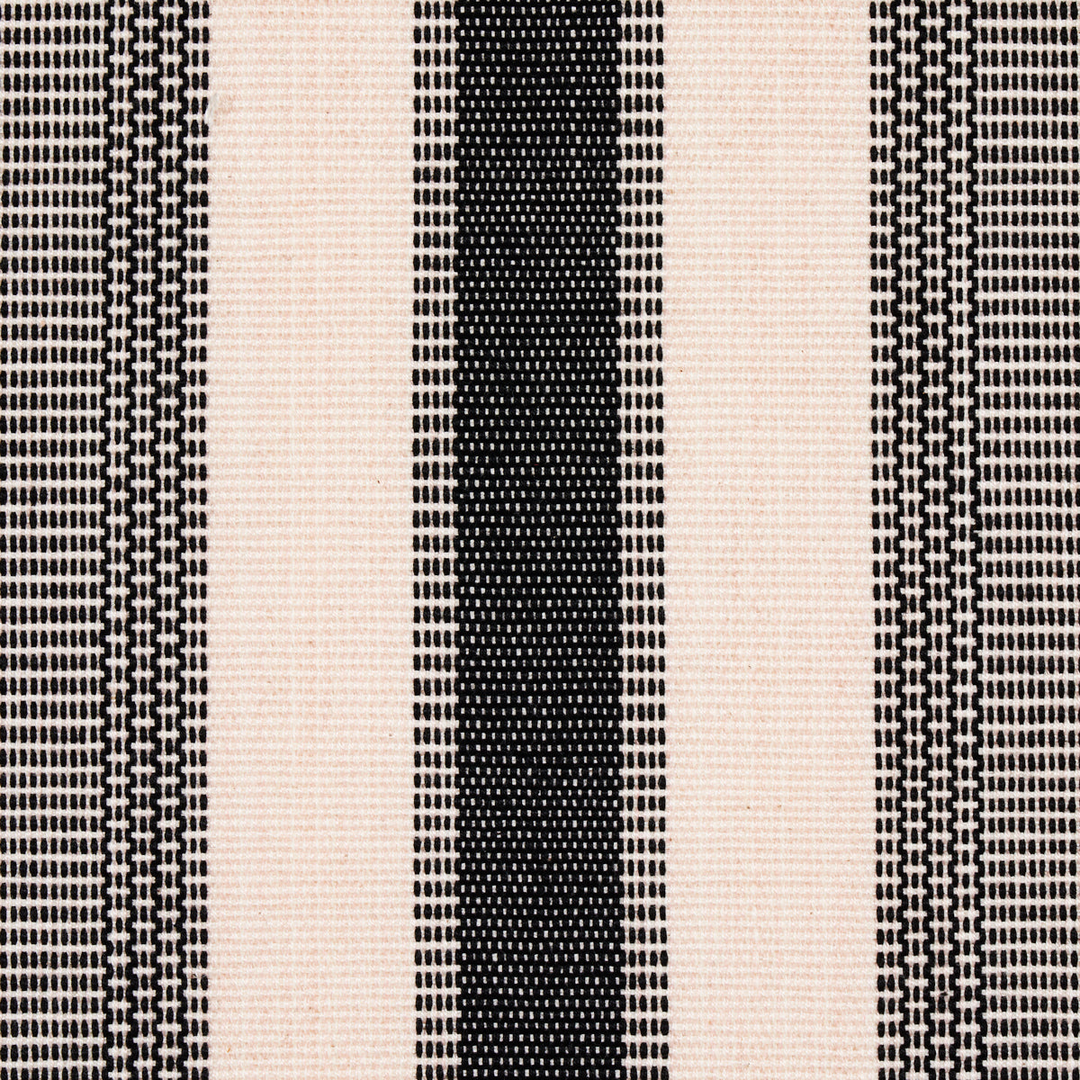 Beige and black hand-woven striped rug with a thick central black stripe and narrow dotted borders.