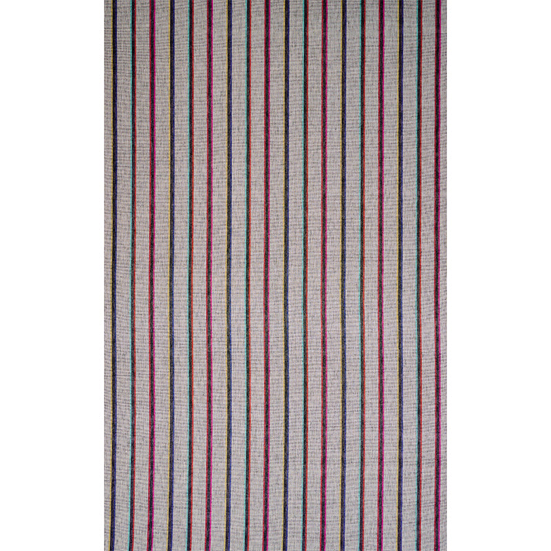 Long rectangular rug with vertical multicolor stripes on a light gray background; pink, red, blue, and teal accents.