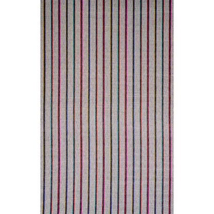 Long rectangular rug with vertical multicolor stripes on a light gray background; pink, red, blue, and teal accents.