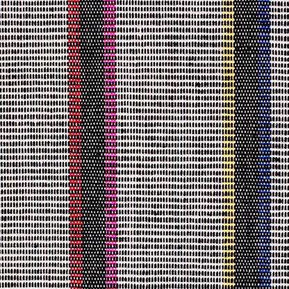 Textured woven fabric with cream base and bold vertical stripes in red, magenta, black, yellow and blue.