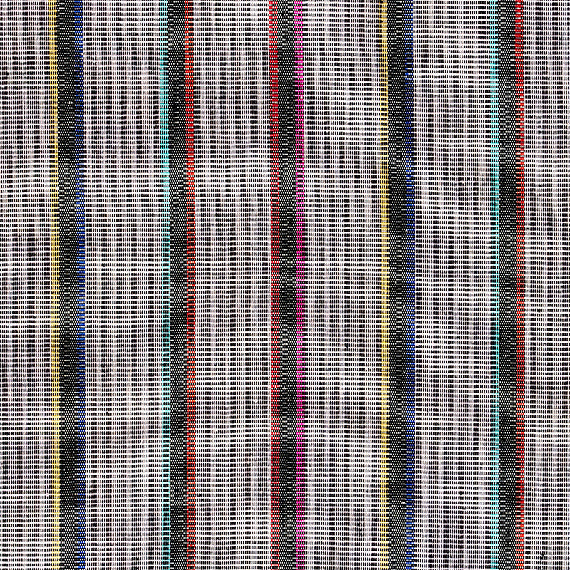Woven fabric with vertical multicolor stripes in navy, teal, red, pink, purple, and yellow on a light gray base.
