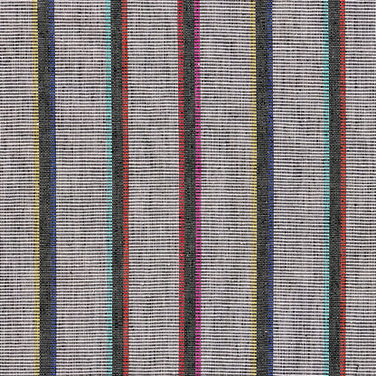 Woven fabric with vertical multicolor stripes in navy, teal, red, pink, purple, and yellow on a light gray base.