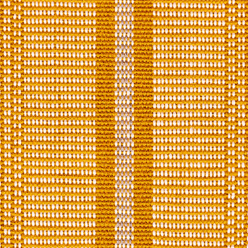 Close-up of orange and white woven fabric with bold orange vertical bands and a white center stripe.