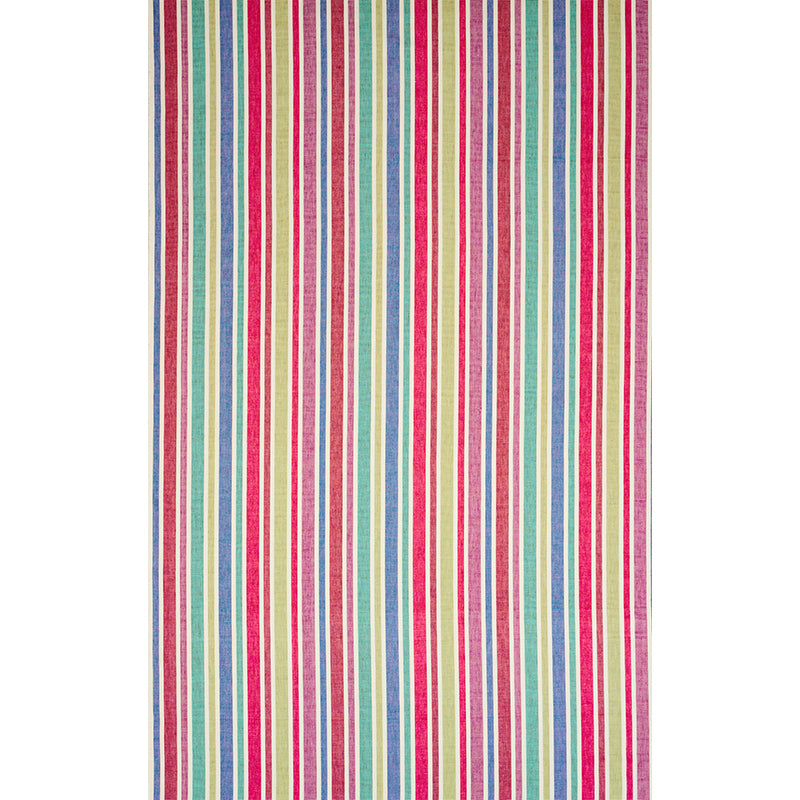 Vertical multicolor striped fabric with thin red, pink, blue, green and yellow stripes on white.