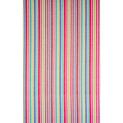 Vertical multicolor striped fabric with thin red, pink, blue, green and yellow stripes on white.