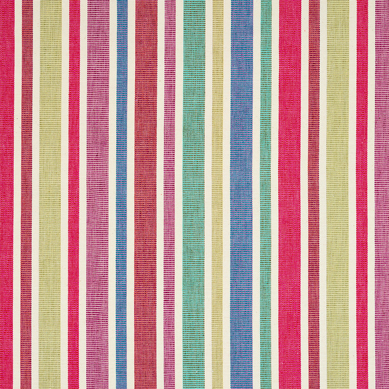 Colorful woven fabric with vertical thin stripes in pink, red, yellow, blue, teal and purple.
