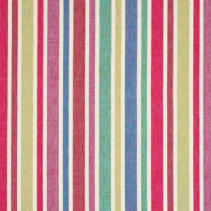 Colorful woven fabric with vertical thin stripes in pink, red, yellow, blue, teal and purple.