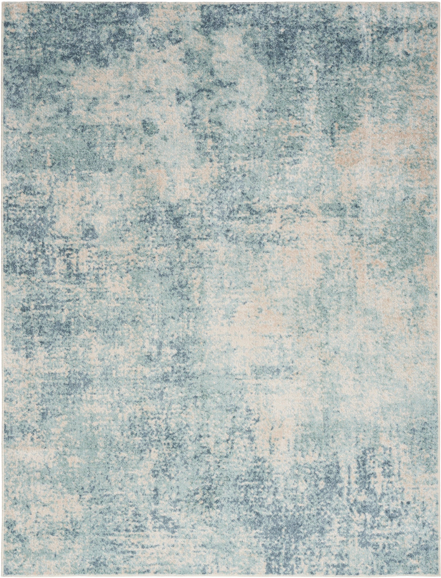 Rectangular blue & cream distressed abstract area rug with soft texture for vintage-modern decor.