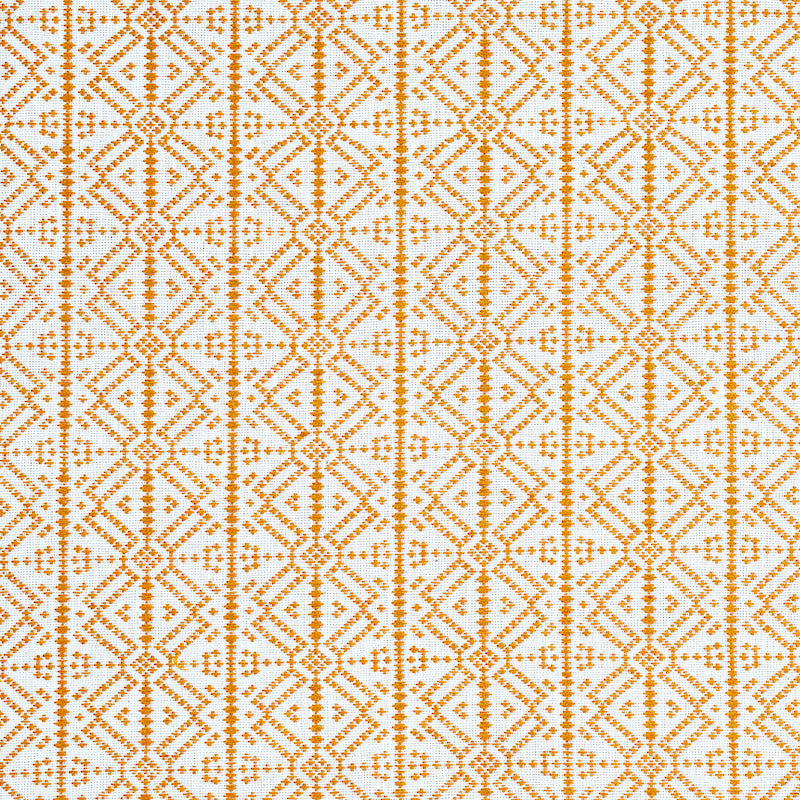 Orange geometric lattice textile pattern with diamonds and triangles on a white background; decorative fabric in warm tones.
