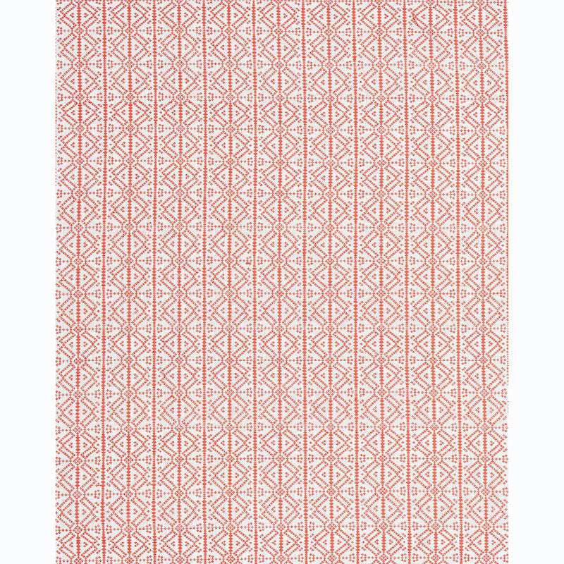 Red geometric lattice fabric with repeating diamond motif on white; lightweight textile for table runner or throw.