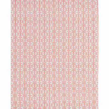 Red geometric lattice fabric with repeating diamond motif on white; lightweight textile for table runner or throw.