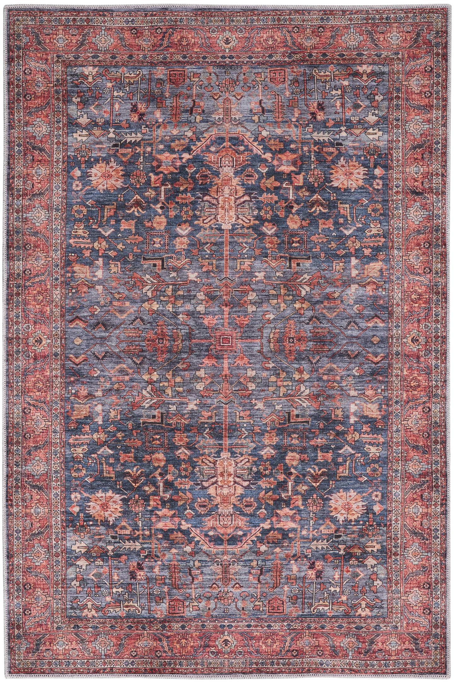 Rectangular Persian-style rug with deep blue field, red border and intricate floral motifs.