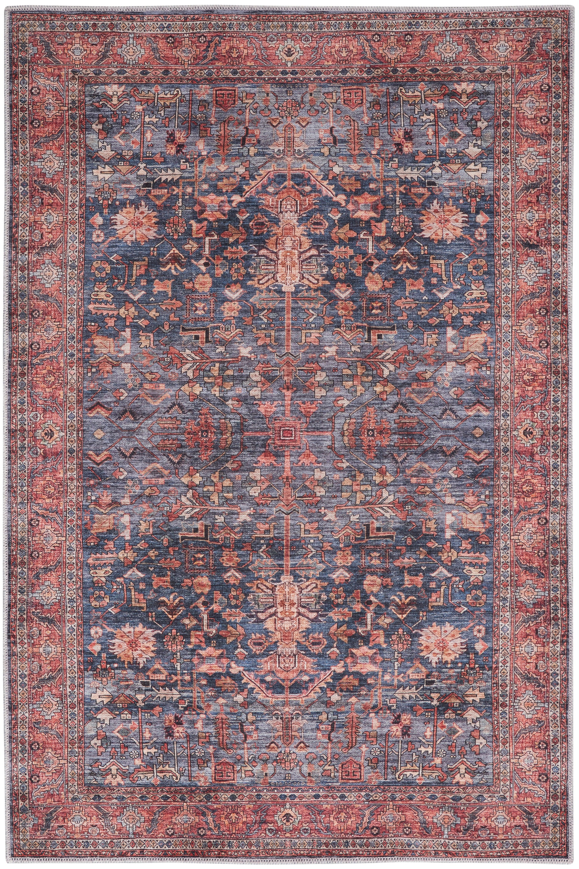 Rectangular Persian-style rug with deep blue field, red border and intricate floral motifs.