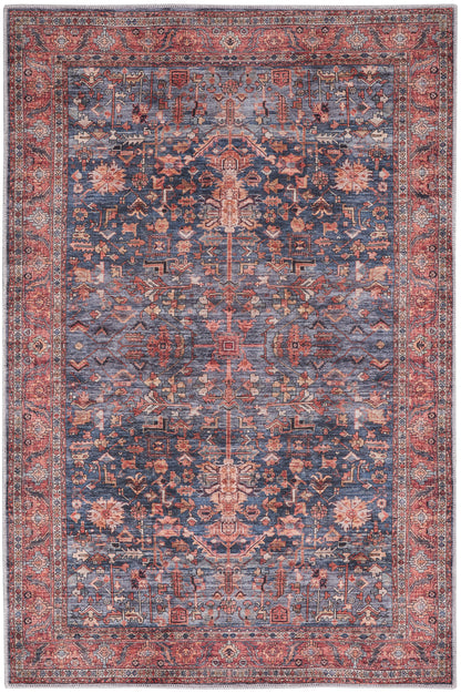 Rectangular Persian-style rug with deep blue field, red border and intricate floral motifs.