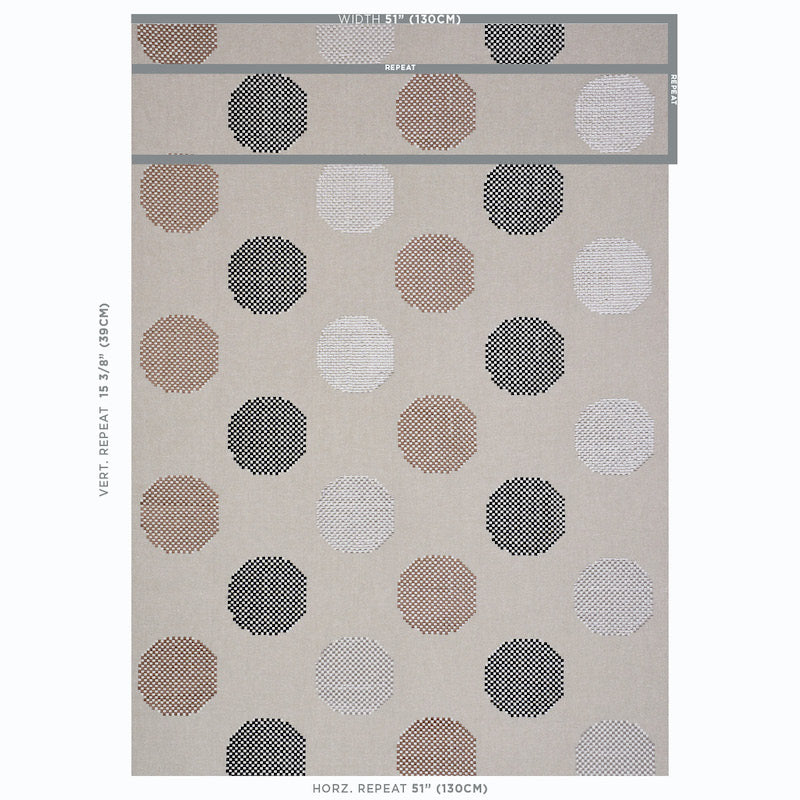 Beige rectangular area rug with scattered black, brown, taupe & white polka dots; modern geometric design.