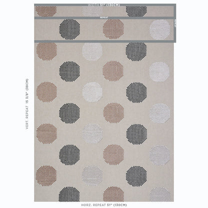 Beige rectangular area rug with scattered black, brown, taupe & white polka dots; modern geometric design.