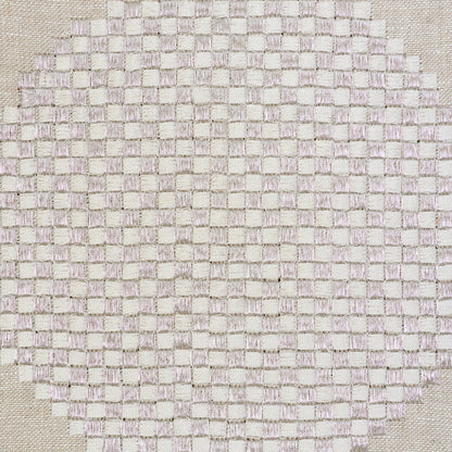 Circular beige woven placemat with ivory checkerboard squares; textured cotton/jute, ideal for table decor.