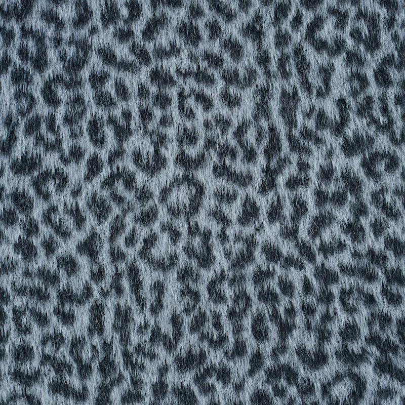 Grey-blue leopard print faux fur fabric; soft plush texture for coats, throws, and accessories.