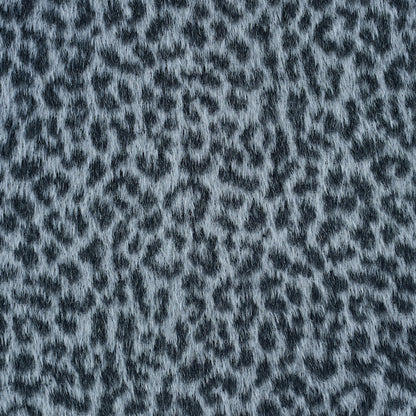 Grey-blue leopard print faux fur fabric; soft plush texture for coats, throws, and accessories.