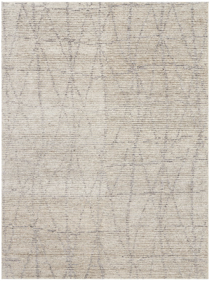 Beige flat-weave rug with subtle gray geometric lattice pattern; soft textured surface for neutral room decor.