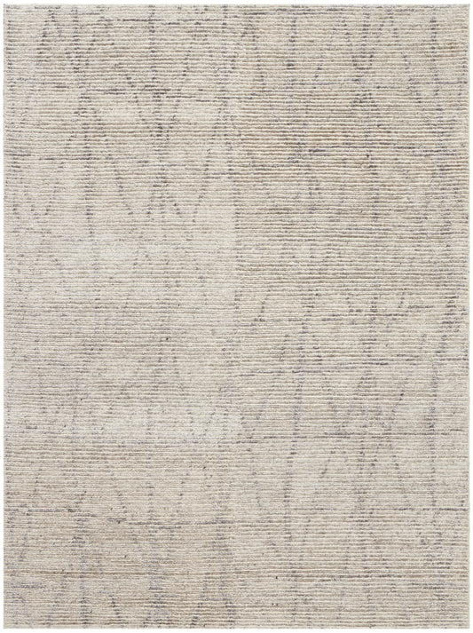 Beige flat-weave rug with subtle gray geometric lattice pattern; soft textured surface for neutral room decor.