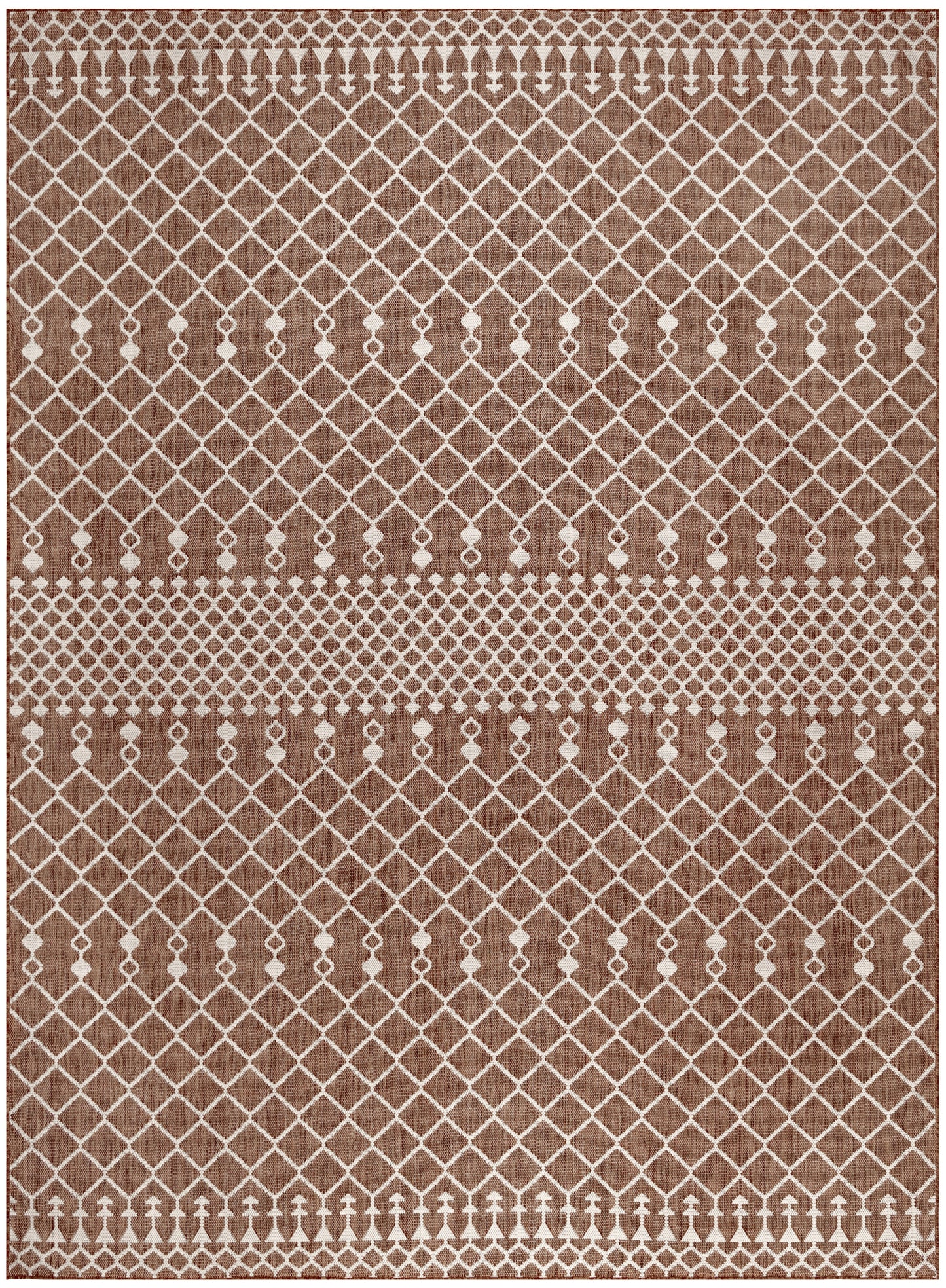 Brown rug with white diamond lattice pattern, dotted borders and small arch accents along the edges.