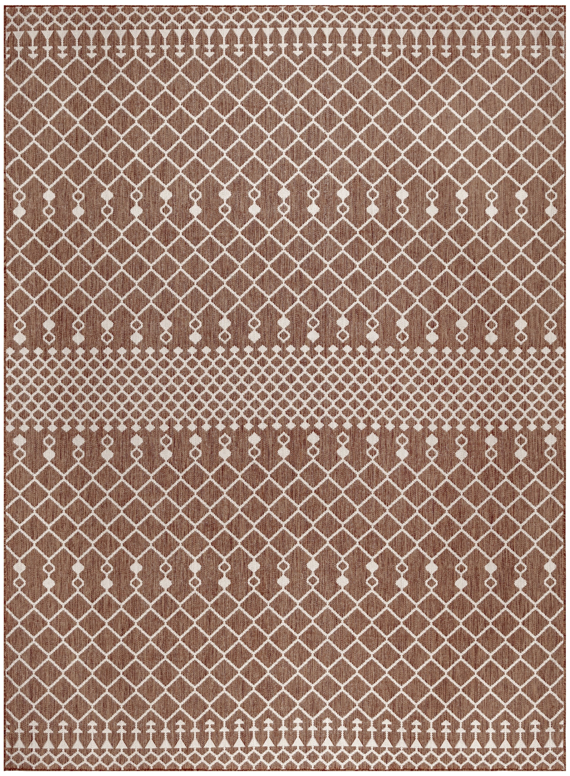 Brown rug with white diamond lattice pattern, dotted borders and small arch accents along the edges.