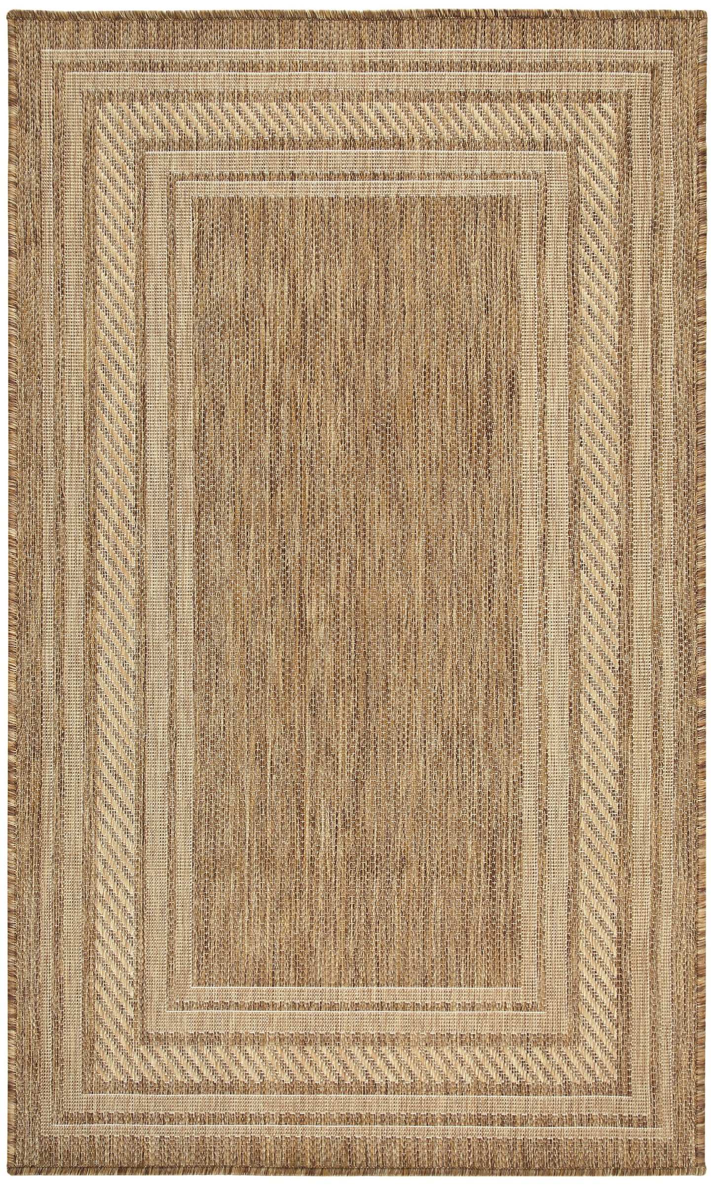 Natural beige woven rug with concentric rectangular frames, diagonal striped borders and a textured central panel.