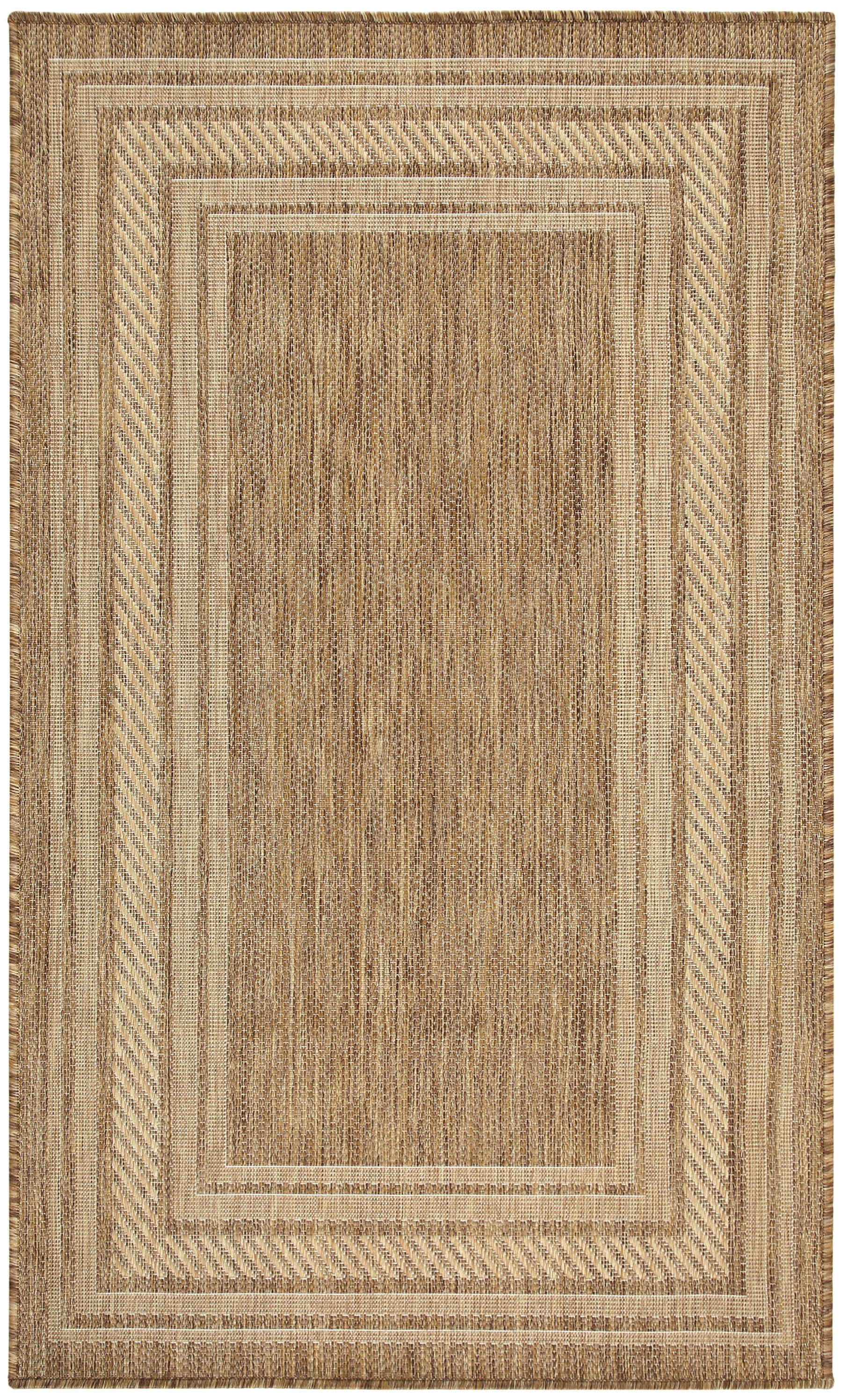 Natural beige woven rug with concentric rectangular frames, diagonal striped borders and a textured central panel.