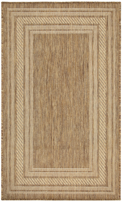 Natural beige woven rug with concentric rectangular frames, diagonal striped borders and a textured central panel.