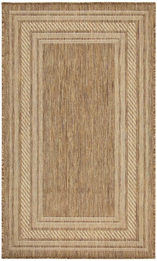 Natural beige woven rug with concentric rectangular frames, diagonal striped borders and a textured central panel.