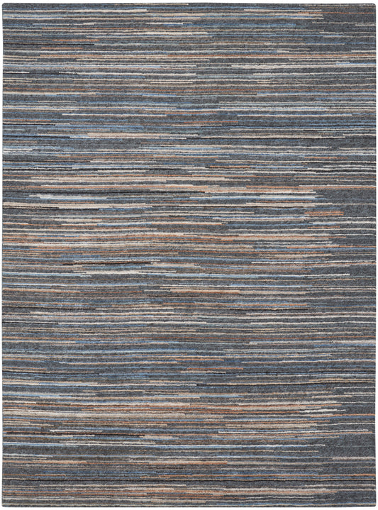 Abstract striped area rug in blue-gray and tan tones with irregular horizontal lines; modern, low-pile.