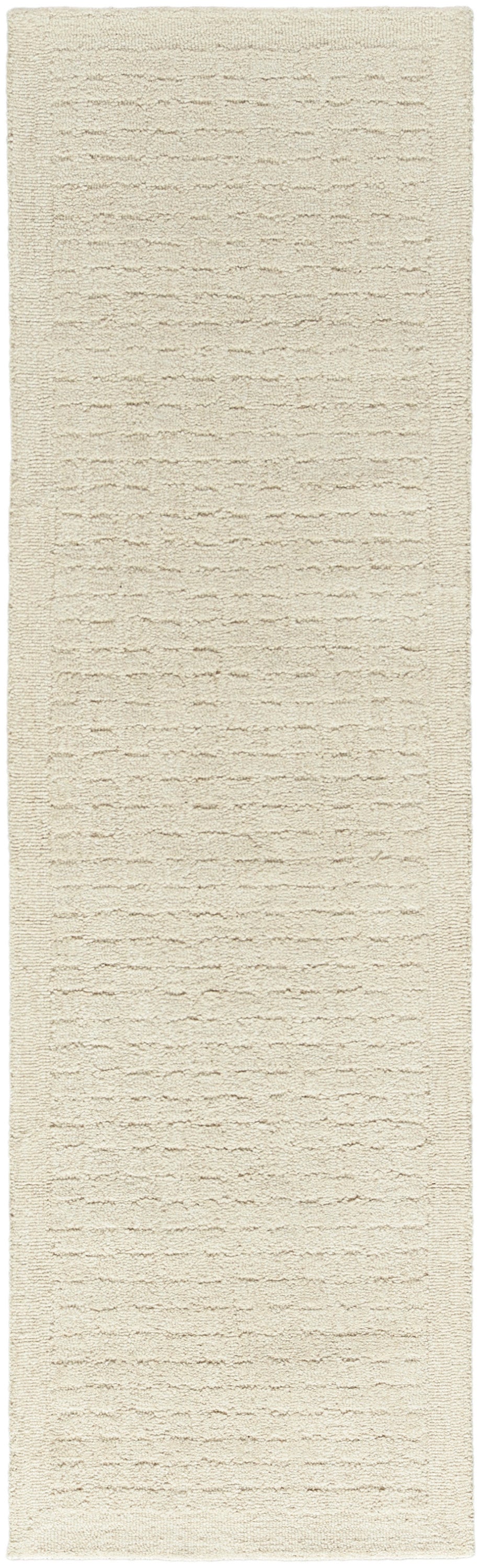 Cream textured runner rug with soft looped pile and subtle horizontal stripes.