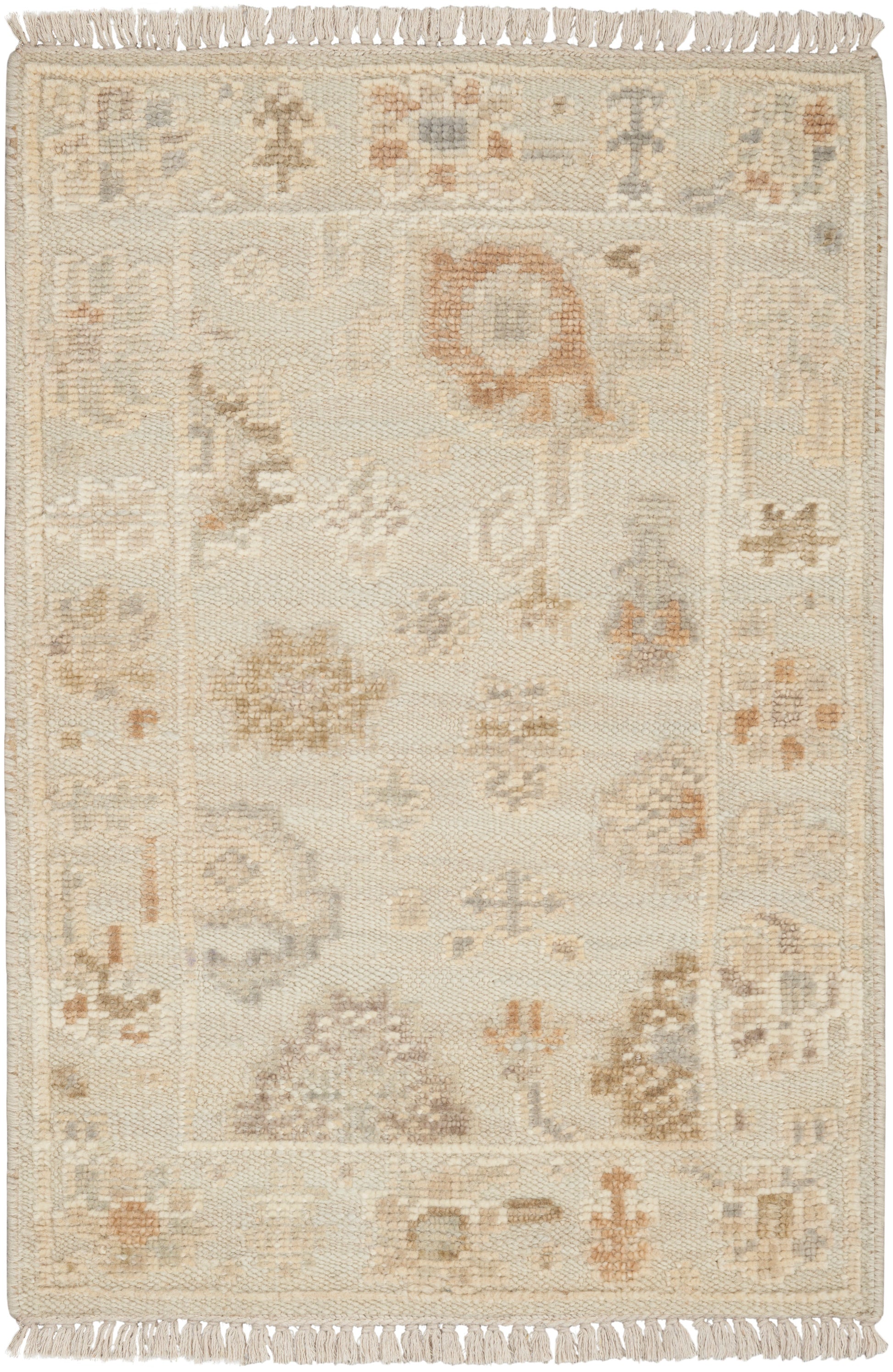 Cream-colored oriental rug with subtle floral-geometric motifs in beige, taupe and peach; fringed ends.