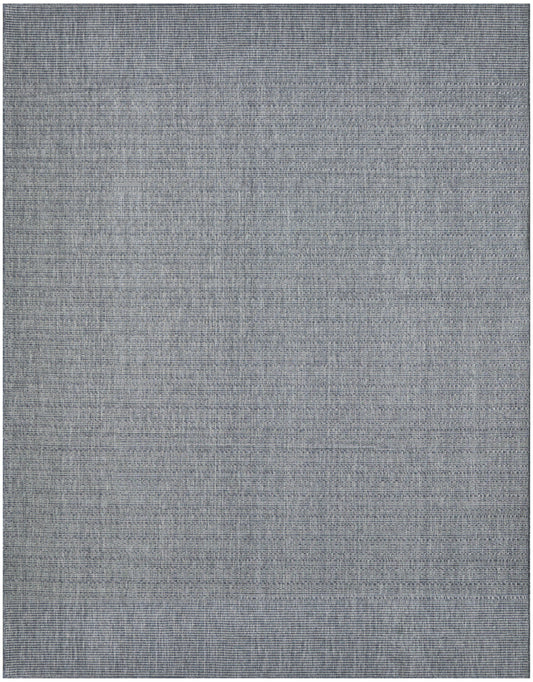 Grey-blue outdoor rug with a subtle textured grid pattern and soft flat-weave, 8' x 10'.