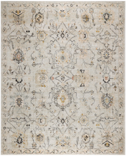 Soft gray-beige oriental rug with ivory medallions, delicate floral scrolls, and pale blue-yellow accents.