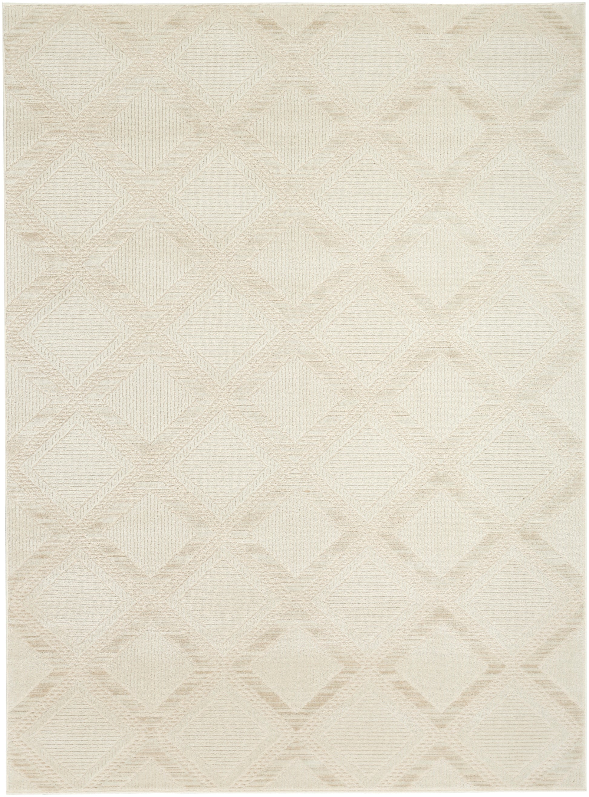 Cream geometric area rug with subtle diamond pattern, textured woven surface, neutral beige tone, rectangular shape.
