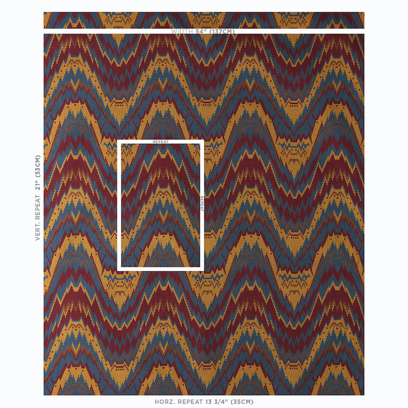 Colorful chevron-ikat rug in mustard, teal, blue and burgundy; white measurement lines show width and repeats.