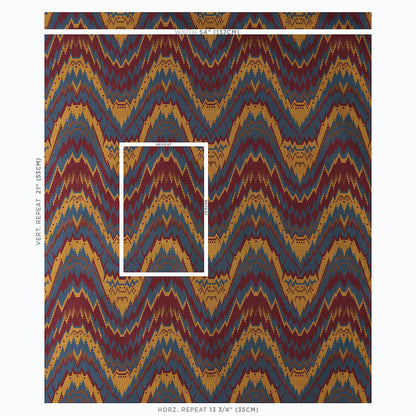 Colorful chevron-ikat rug in mustard, teal, blue and burgundy; white measurement lines show width and repeats.