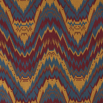Kilim-inspired woven rug pattern with navy, teal, mustard and burgundy zigzag chevrons.