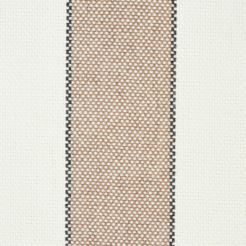 Beige woven fabric with black edge stitching and a narrow central tan panel on a cream textured background.