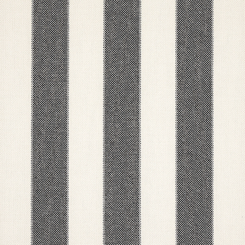 Vertical cream and charcoal striped woven fabric; upholstery or drapery textile.