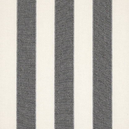 Vertical cream and charcoal striped woven fabric; upholstery or drapery textile.