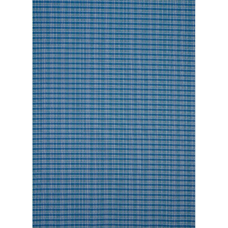 Blue plaid woven fabric swatch with tiny checks; lightweight cotton-style textile for shirts or upholstery.