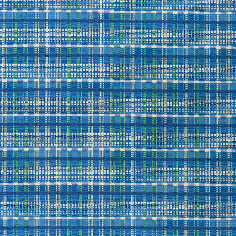 Blue plaid woven fabric with white and green threads in a checkered pattern, suitable for apparel or crafts.