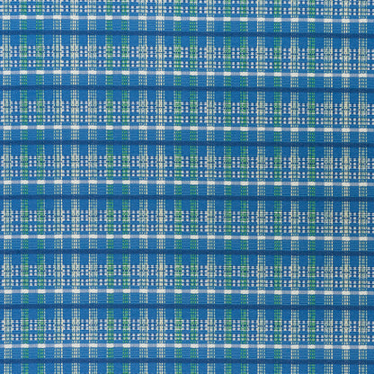 Blue plaid woven fabric with white and green threads in a checkered pattern, suitable for apparel or crafts.