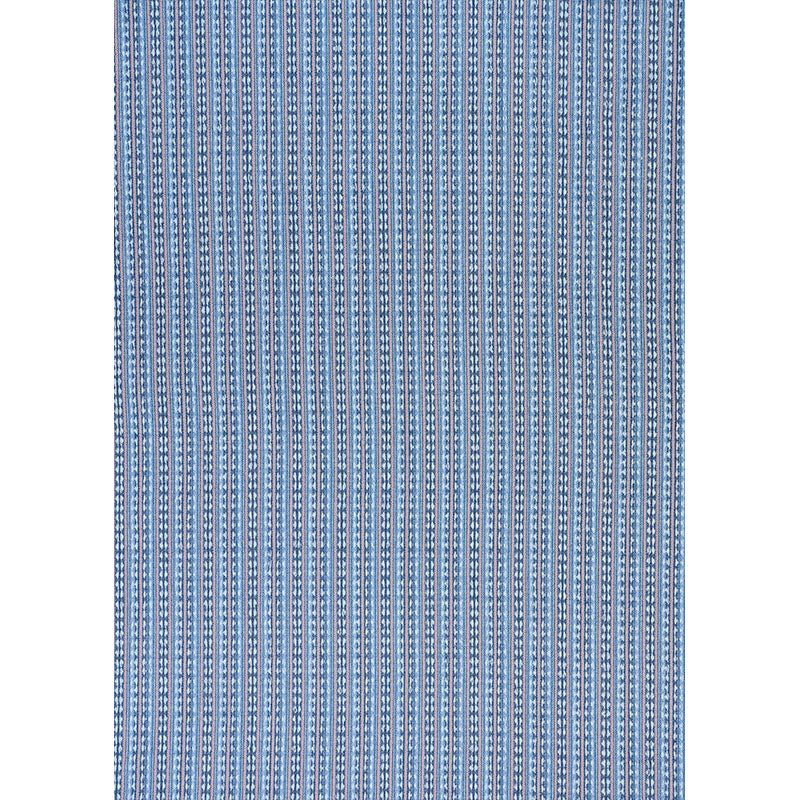 Blue and white striped woven rug with narrow vertical stripes.